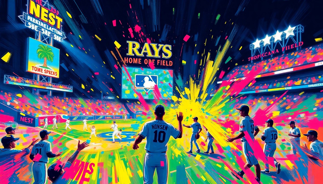 An abstract, expressionist painting in vibrant neon colors, with dynamic brushstrokes and fragmented figures representing the excitement and energy of the Rays