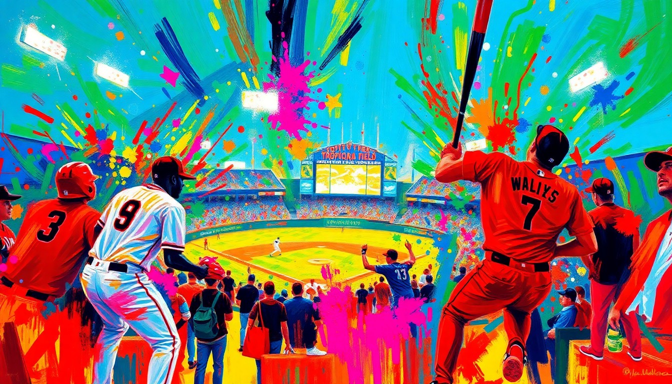 A vibrant, textured painting in neon colors with rapid brushstrokes, conceptually representing the energy and excitement of a baseball game at Tropicana Field.