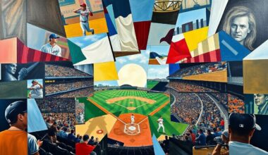 A cubist, geometric painting depicting a baseball game or match, with sharp, overlapping planes of color and form representing the action on the field.