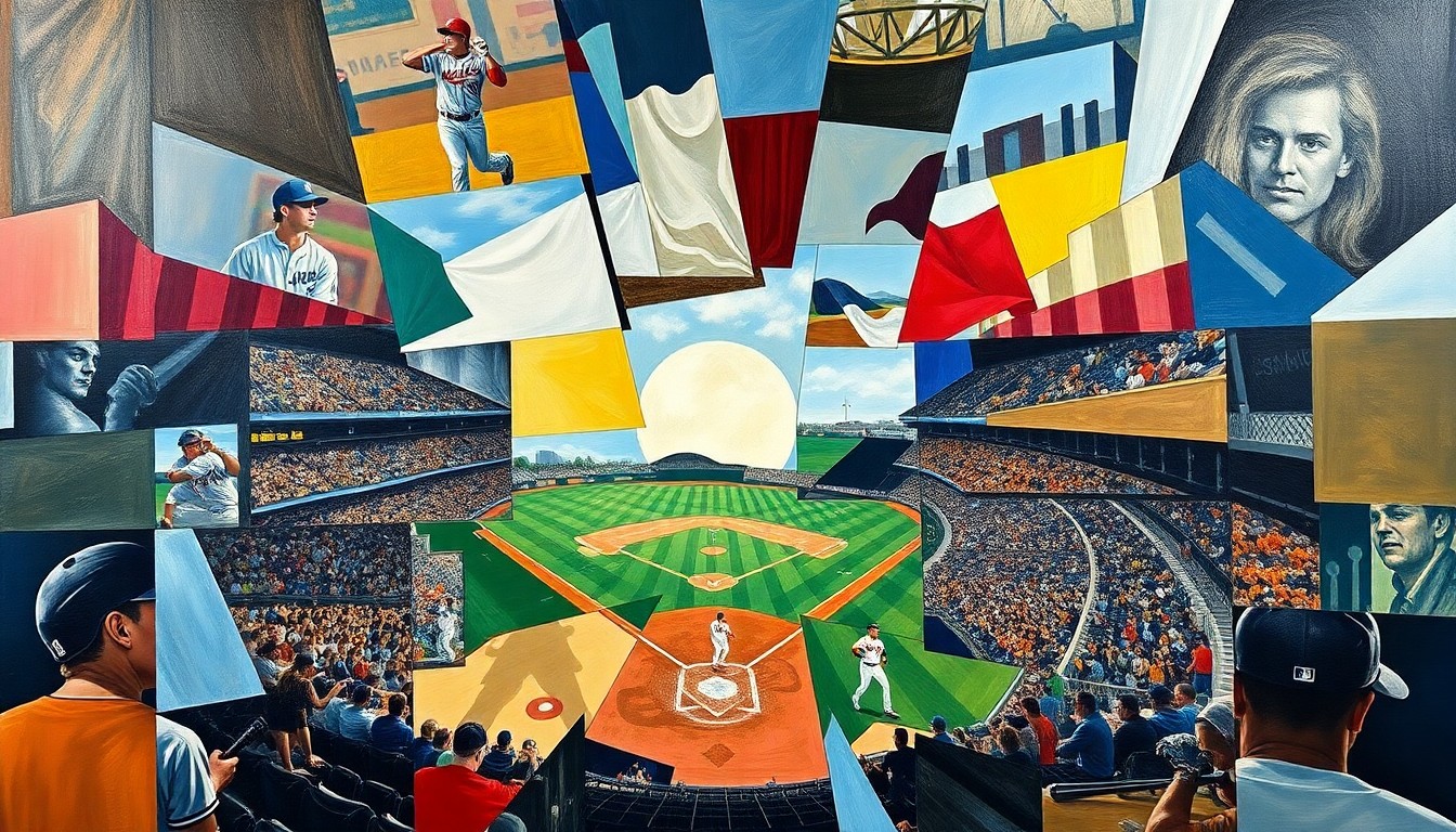 A cubist, geometric painting depicting a baseball game or match, with sharp, overlapping planes of color and form representing the action on the field.