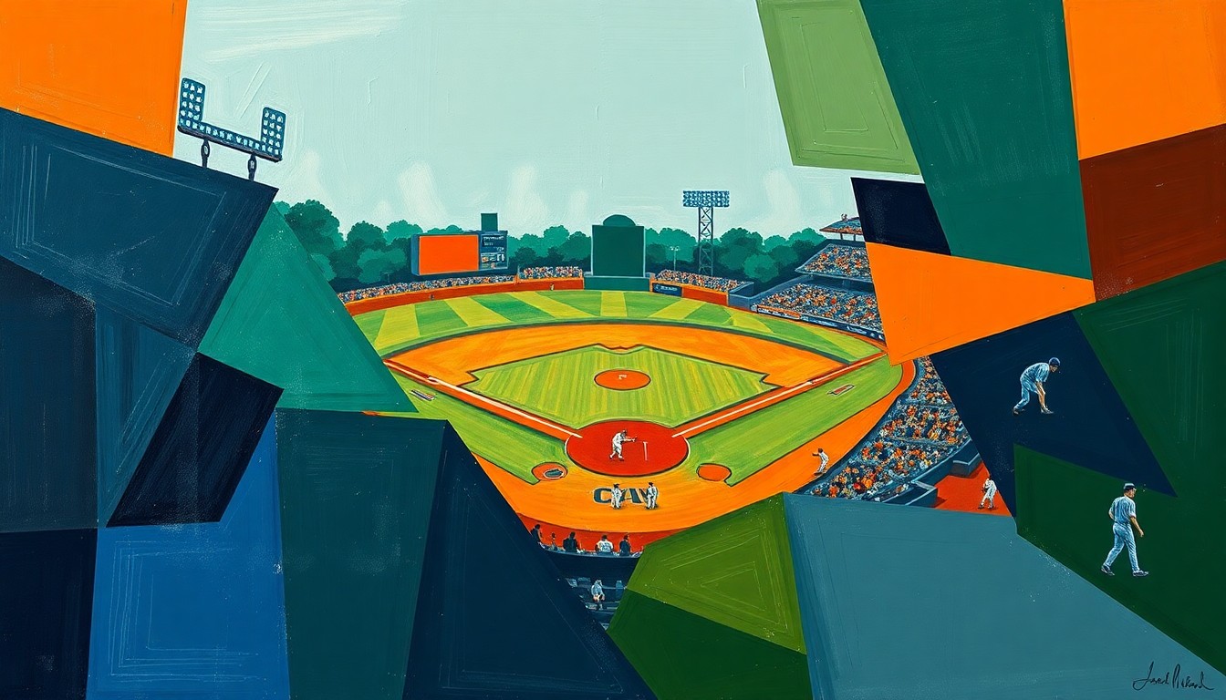 A fragmented, geometric painting depicting a baseball game, with players and the field broken down into sharp, overlapping shapes in a palette of navy, green, and orange, conveying the raw excitement of the Rays