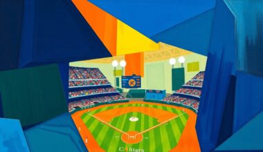 A fragmented, geometric painting in bold colors depicting various baseball actions and players in an abstract, cubist style.