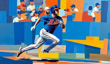 A cubist-style painting depicting a baseball player running the bases, broken down into overlapping geometric shapes in the Mets