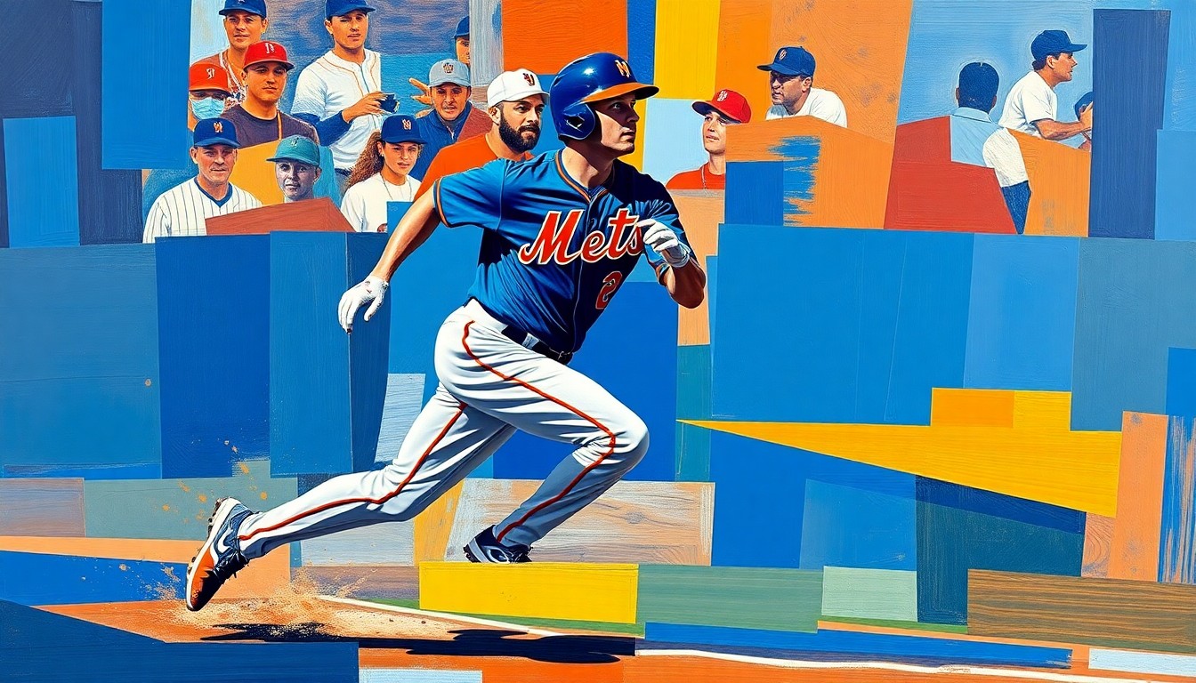 A cubist-style painting depicting a baseball player running the bases, broken down into overlapping geometric shapes in the Mets
