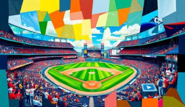 A cubist, geometric painting depicting a baseball game between the Cincinnati Reds and Miami Marlins, with sharp, overlapping planes of color representing the players, stadium, and action on the field.