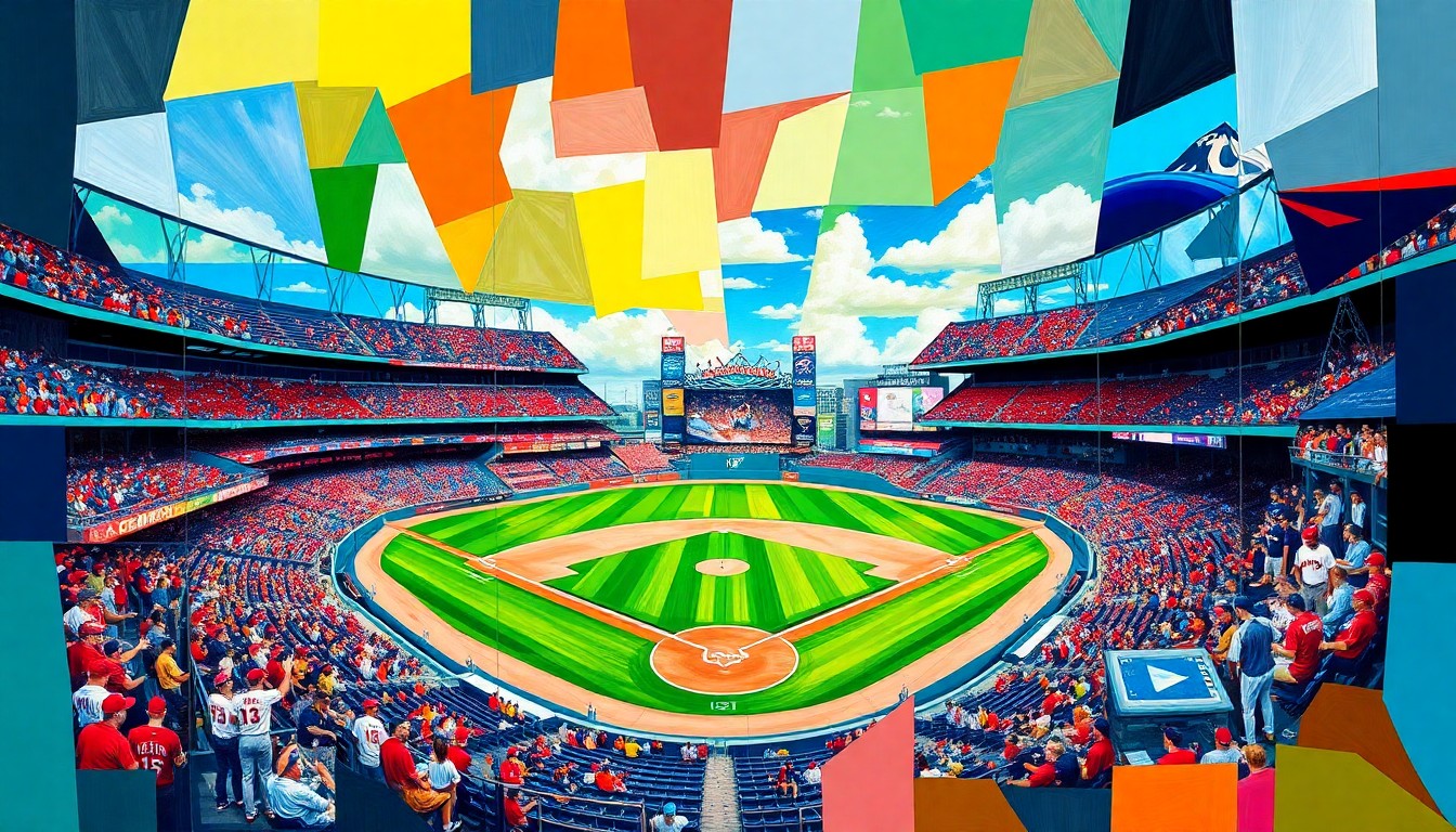 A cubist, geometric painting depicting a baseball game between the Cincinnati Reds and Miami Marlins, with sharp, overlapping planes of color representing the players, stadium, and action on the field.