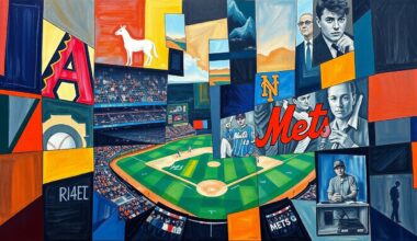 A fractured, multi-perspective painting featuring sharp, overlapping geometric planes in shades of blue, green, and orange, conceptually representing the intensity of a baseball game between the Arizona Diamondbacks and New York Mets.