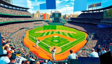 A fragmented, geometric painting depicting a baseball game between two teams, with sharp angles and overlapping planes of color representing the dynamic action on the field.