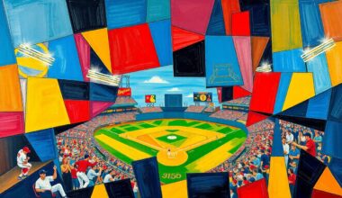 A cubist, geometric painting depicting a baseball game broken down into overlapping planes of color, representing the complexities the Twins face against southpaw pitchers.