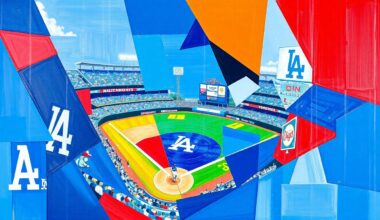 A fractured, geometric painting depicting a baseball game in motion, with sharp planes of Dodgers blue, Toronto blue, and red accents, capturing the raw energy and action of the high-scoring affair.