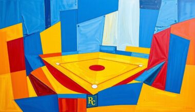 A fractured, multi-perspective painting breaking down a baseball double play into sharp, overlapping geometric planes of bright royal blue, gold, and crimson.