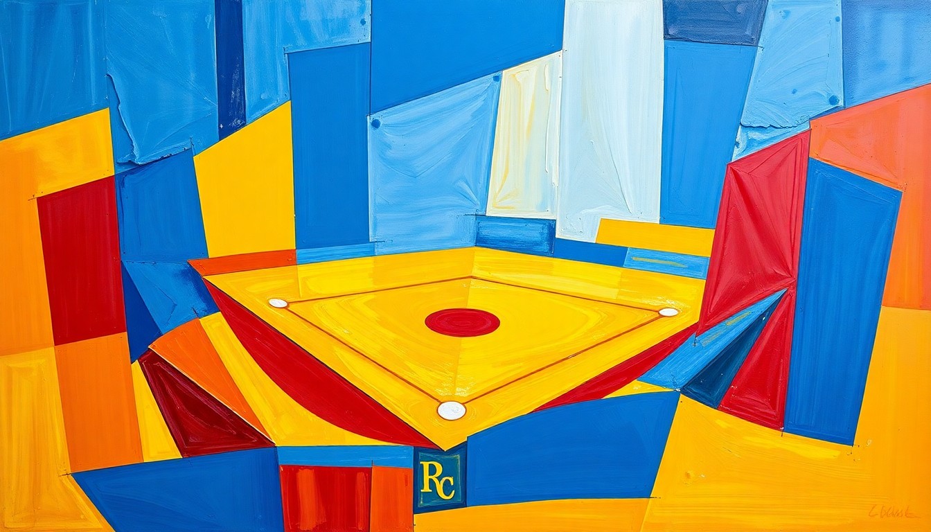 A fractured, multi-perspective painting breaking down a baseball double play into sharp, overlapping geometric planes of bright royal blue, gold, and crimson.