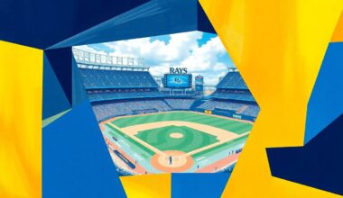 A fractured, multi-perspective painting in bold navy blue, powder blue, and gold colors, breaking down a Rays baseball game at Tropicana Field into sharp, overlapping geometric shapes and planes, conceptually representing the team