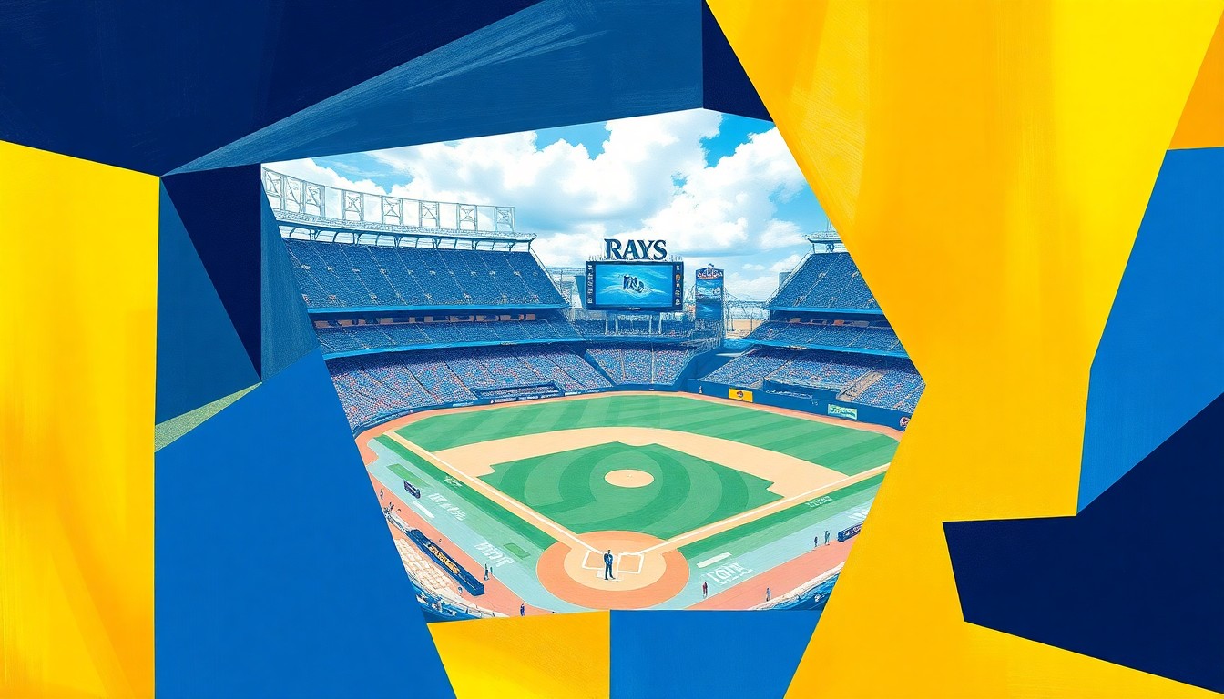 A fractured, multi-perspective painting in bold navy blue, powder blue, and gold colors, breaking down a Rays baseball game at Tropicana Field into sharp, overlapping geometric shapes and planes, conceptually representing the team