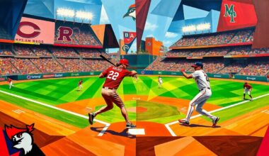 A cubist-style painting featuring overlapping geometric shapes and planes in the colors of the Reds and Marlins uniforms, abstractly representing the movements and action of a baseball game between the two teams.