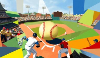 A fragmented, geometric painting depicting a baseball game, with the ball as the central focal point surrounded by angular, colorful shapes representing the players and field.