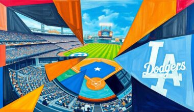 A fragmented, abstract painting depicting a baseball game, with sharp geometric shapes and planes of color representing the action on the field.