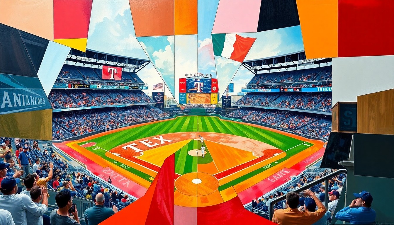 A fragmented, multi-angled painting depicting a baseball game in progress, with the players and field broken down into sharp, overlapping shapes and planes of color, creating a sense of movement and energy.