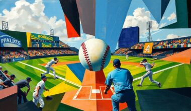 A cubist-style painting depicting a baseball game in an abstract, geometric manner, with the ball, bats, and players