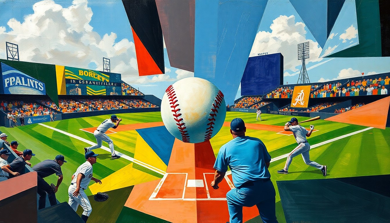 A cubist-style painting depicting a baseball game in an abstract, geometric manner, with the ball, bats, and players
