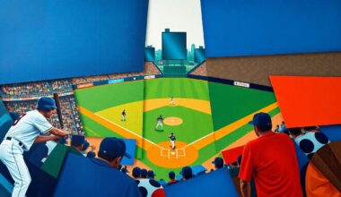 A fragmented, geometric painting depicting a baseball game, with players and the field abstracted into bold, angular shapes in a vibrant color palette.