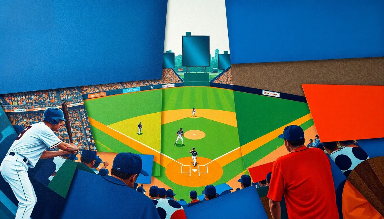 A fragmented, geometric painting depicting a baseball game, with players and the field abstracted into bold, angular shapes in a vibrant color palette.