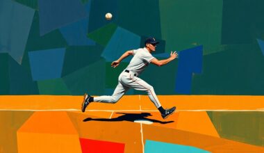 A fragmented, cubist-style painting depicting a baseball player in motion, with their body and the field of play broken down into sharp, angular geometric shapes in a palette of navy, green, and orange, conveying the dynamic energy and disruption caused by Hays