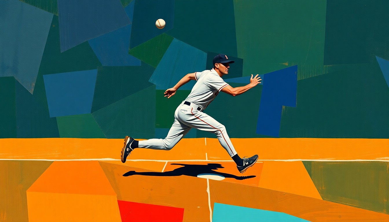 A fragmented, cubist-style painting depicting a baseball player in motion, with their body and the field of play broken down into sharp, angular geometric shapes in a palette of navy, green, and orange, conveying the dynamic energy and disruption caused by Hays