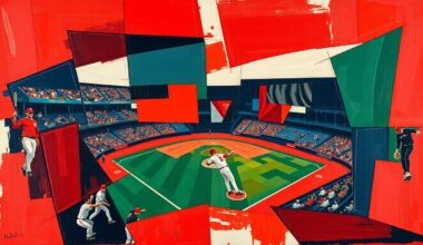 A cubist, geometric painting depicting the fractured, multi-perspective action of a baseball game, with sharp planes of deep red, navy blue, and forest green representing the intensity and urgency of the team