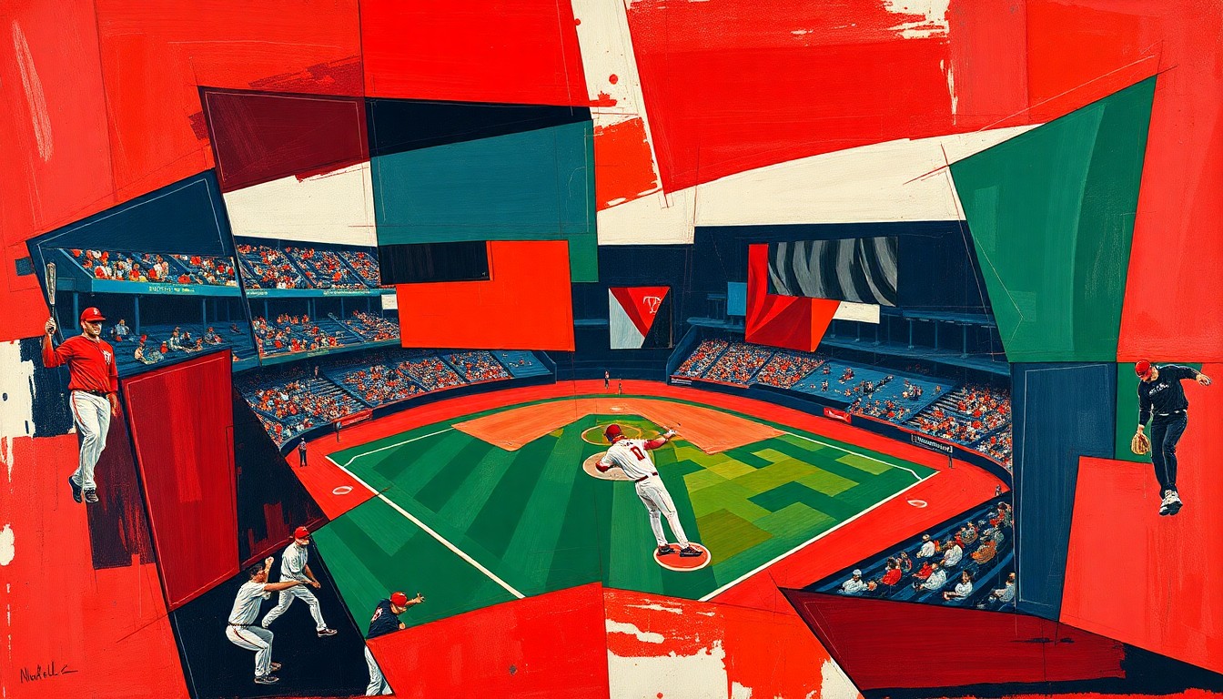 A cubist, geometric painting depicting the fractured, multi-perspective action of a baseball game, with sharp planes of deep red, navy blue, and forest green representing the intensity and urgency of the team