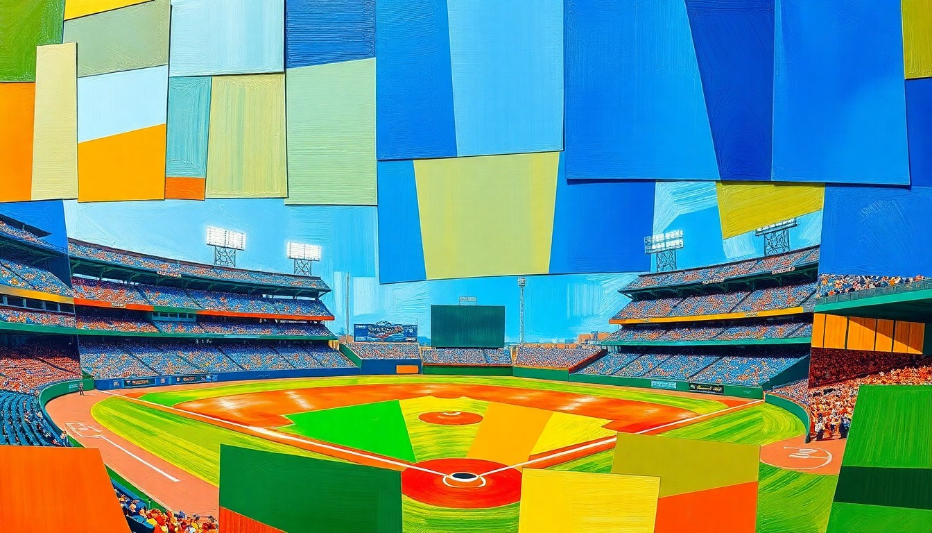 A cubist, geometric painting depicting a baseball game broken down into overlapping planes of bright colors, capturing the dynamic energy of the sport.