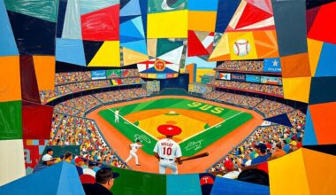 A cubist, geometric painting depicting a baseball game broken down into overlapping planes of bright colors, capturing the dynamic energy of the Rays