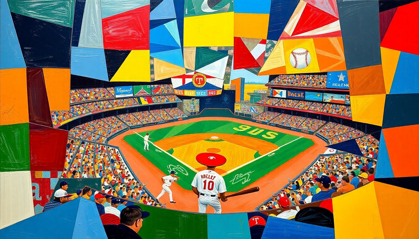 A cubist, geometric painting depicting a baseball game broken down into overlapping planes of bright colors, capturing the dynamic energy of the Rays