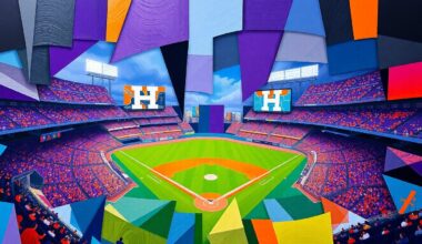 A fractured, multi-perspective painting in bold, geometric shapes and colors representing a baseball game between two teams, conveying the competitive spirit and excitement of the event.