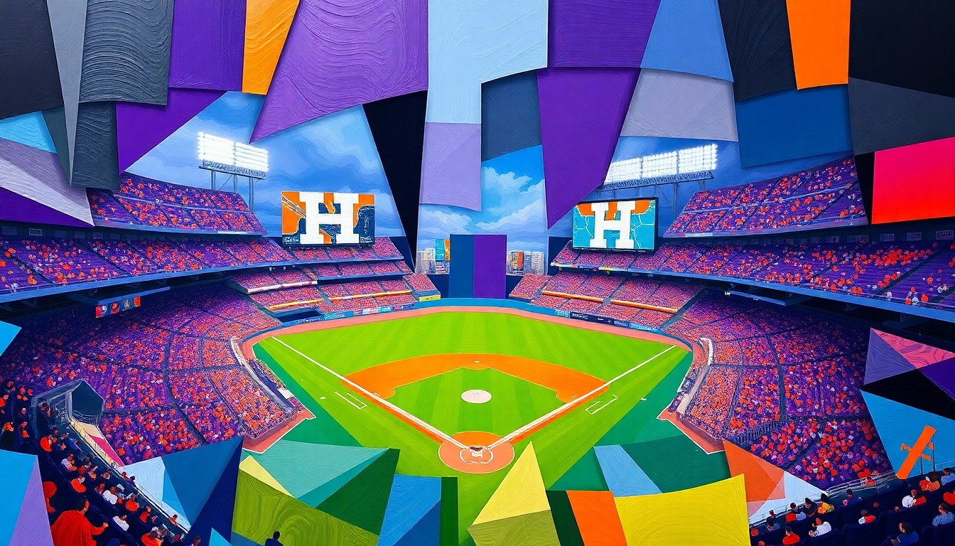 A fractured, multi-perspective painting in bold, geometric shapes and colors representing a baseball game between two teams, conveying the competitive spirit and excitement of the event.