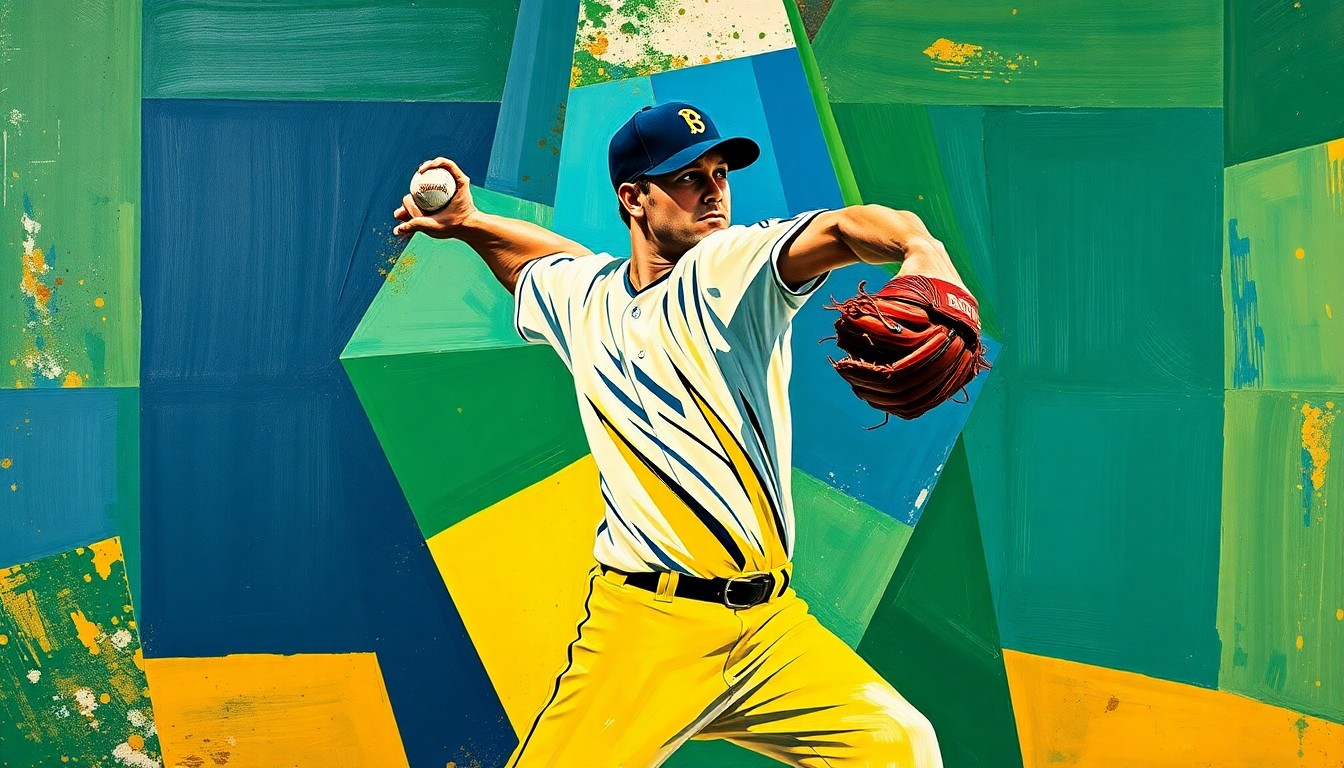 A cubist, geometric painting depicting a baseball pitcher