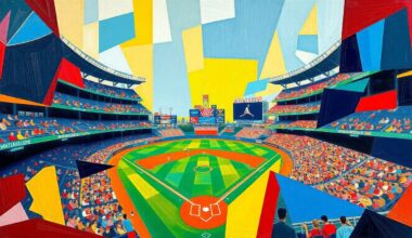 A cubist, geometric painting with overlapping planes of bright colors representing the dynamic action of a baseball game.