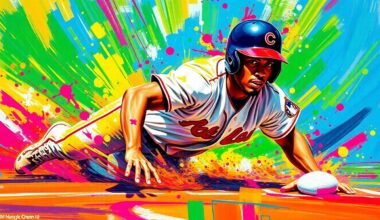 An abstract, energetic painting featuring bold brushstrokes in neon shades of blue, green, and orange, capturing the dynamic motion of a baseball player sliding into a base, with the player