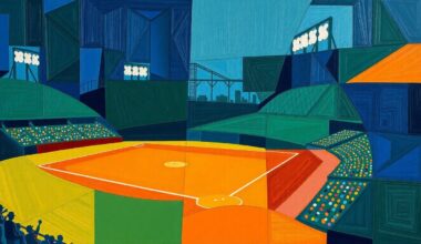 A cubist, geometric painting depicting a baseball game in progress, with players and the field broken down into sharp, overlapping planes of navy, green, and orange, conveying the dynamic energy and intensity of the sport.