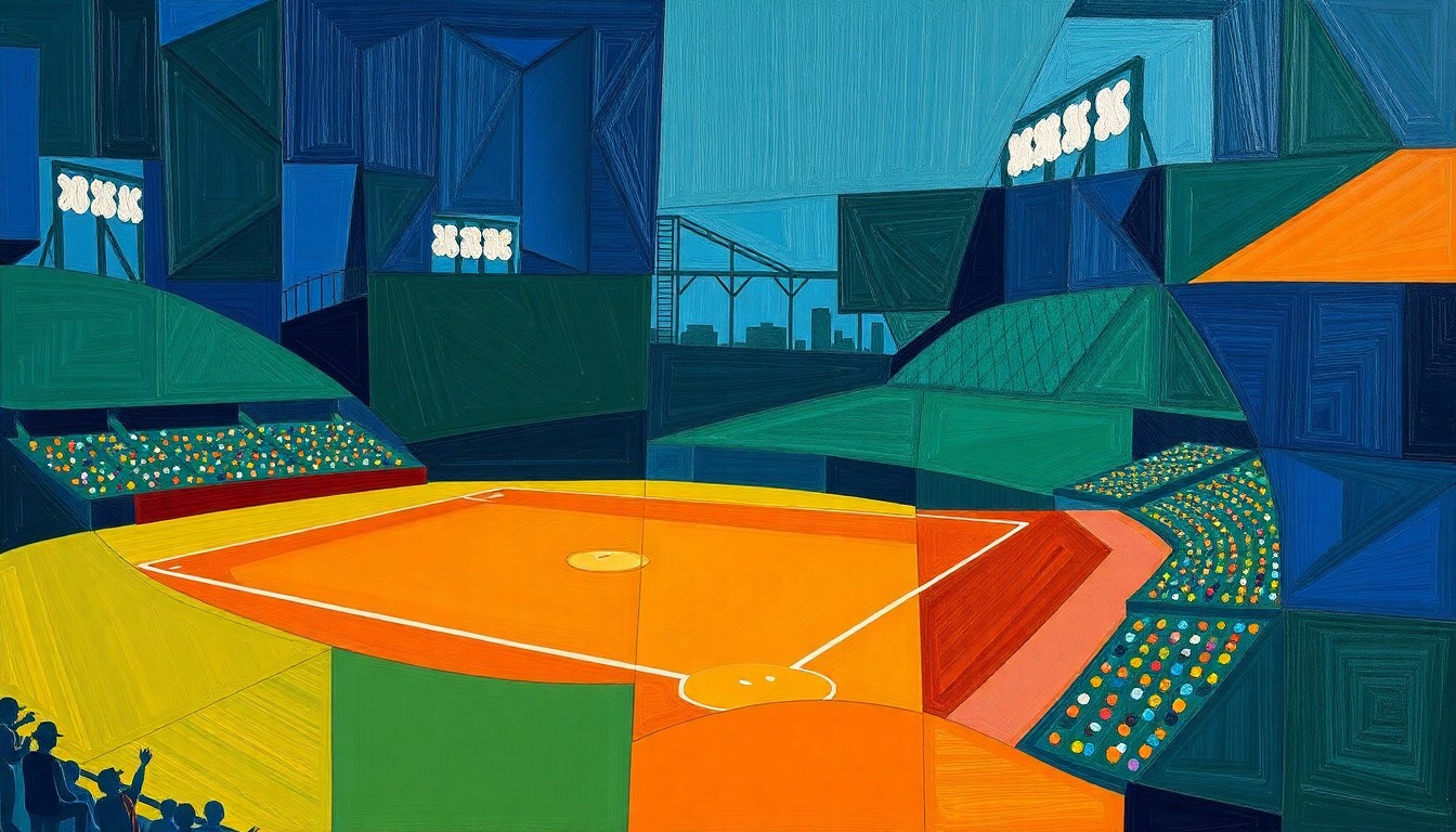 A cubist, geometric painting depicting a baseball game in progress, with players and the field broken down into sharp, overlapping planes of navy, green, and orange, conveying the dynamic energy and intensity of the sport.
