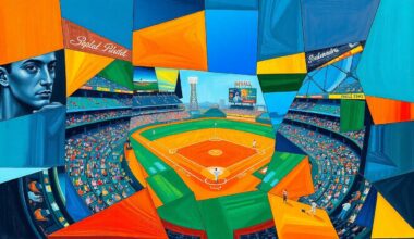 A cubist-style painting featuring sharp, overlapping geometric shapes in vibrant colors, conceptually representing the action and movement of a baseball game.