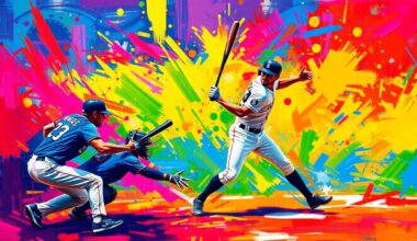 An abstract, expressionist painting in neon colors depicting the dynamic motion and energy of a baseball game, with players