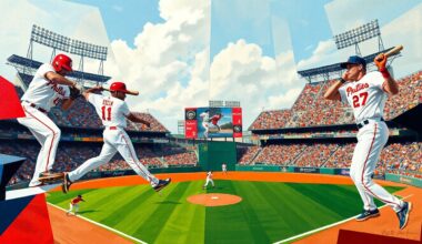 A cubist, geometric painting depicting a baseball game between the Phillies and Giants, with the players