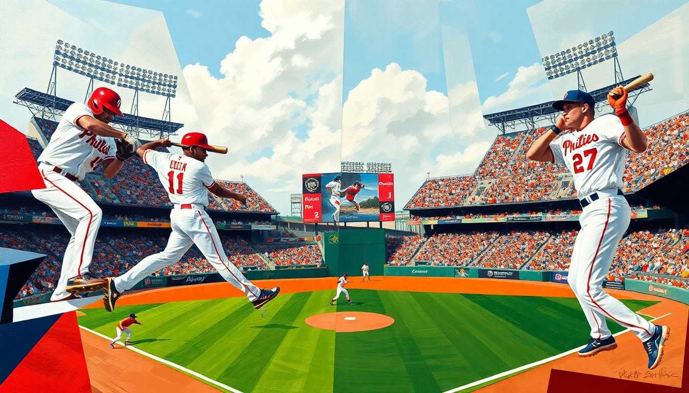 A cubist, geometric painting depicting a baseball game between the Phillies and Giants, with the players