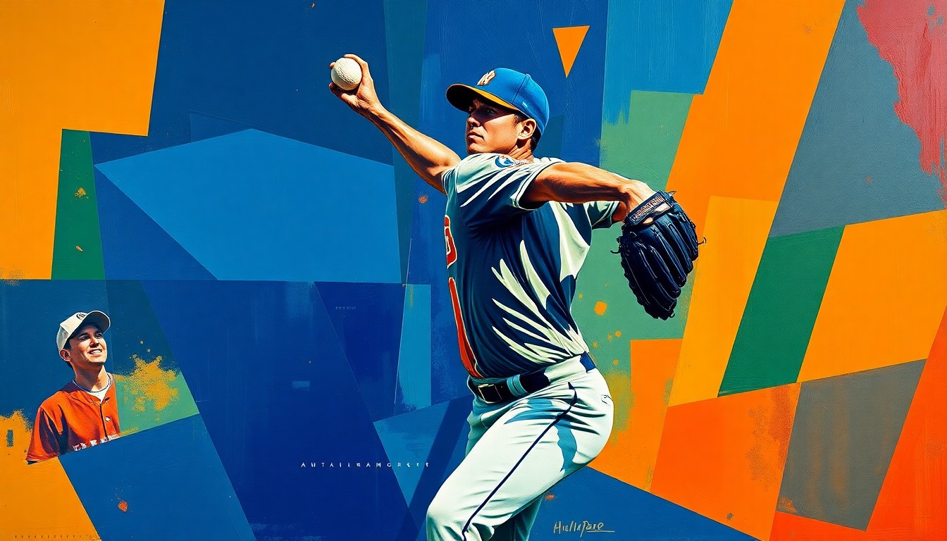 A cubist, multi-perspective painting depicting a baseball pitcher