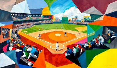 A fractured, multi-perspective painting in the style of Pablo Picasso, breaking a baseball game down into sharp, overlapping geometric planes of color and shape, abstracting the players and field into a dynamic, energetic composition.
