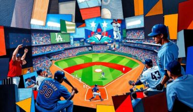 A fractured, multi-perspective painting in the style of Pablo Picasso, breaking down a heated baseball game between the Toronto Blue Jays and Los Angeles Dodgers into sharp, overlapping geometric planes of vibrant colors and raw energy.