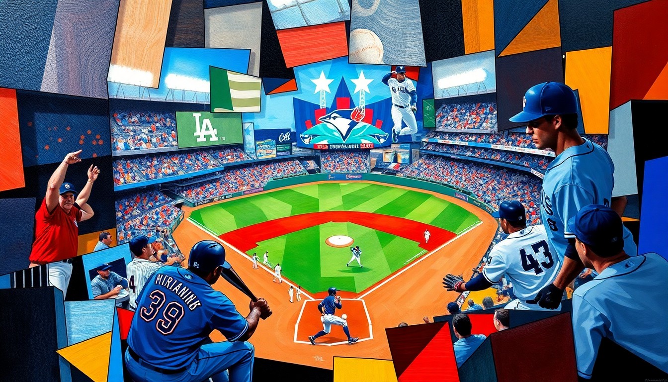 A fractured, multi-perspective painting in the style of Pablo Picasso, breaking down a heated baseball game between the Toronto Blue Jays and Los Angeles Dodgers into sharp, overlapping geometric planes of vibrant colors and raw energy.