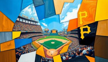 A fragmented, geometric painting depicting the dynamic action of a baseball game between the San Diego Padres and Pittsburgh Pirates, with the players and field broken down into sharp, overlapping planes of vivid blue, orange, black, and gold.