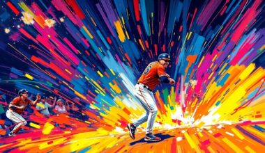 An abstract, energetic painting featuring bold, neon-colored brushstrokes that capture the dynamic action and momentum of a baseball game, conveying the excitement and intensity of the Rockies